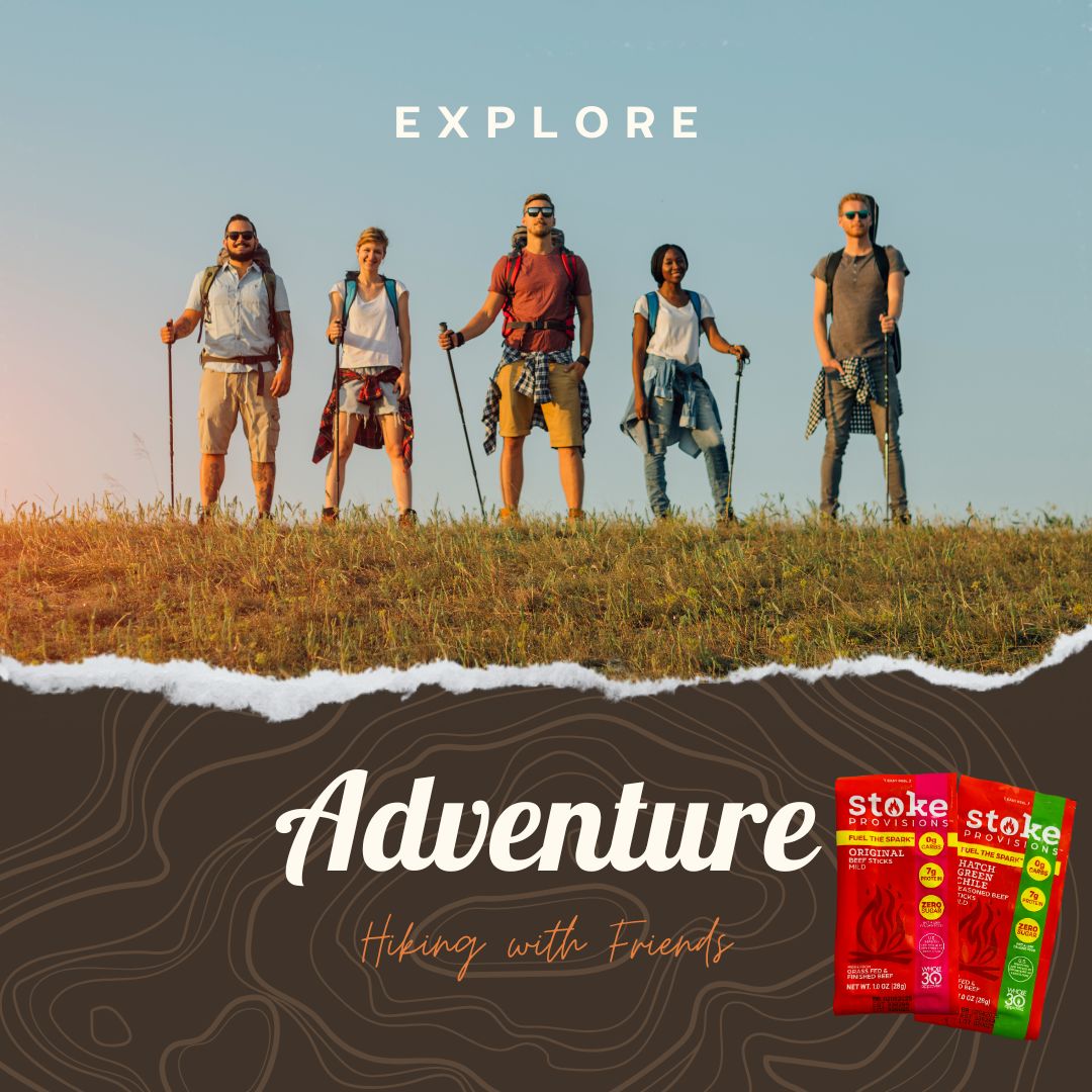 A diverse group of young adults enjoying a hiking trail, sharing grass-fed beef snack sticks, surrounded by lush greenery and grazing cattle.